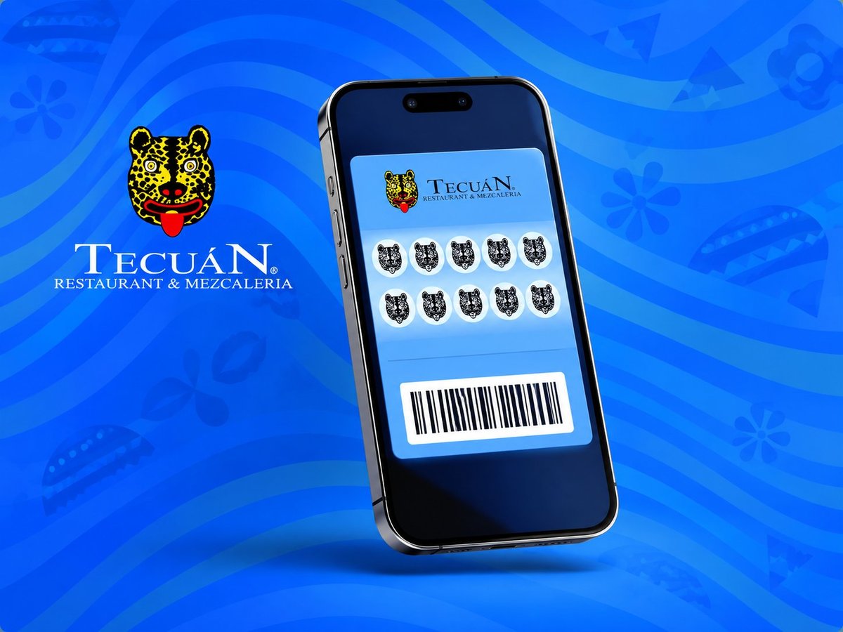 Smartphone displaying Tecuan restaurant loyalty app with punch card rewards and barcode on blue background
